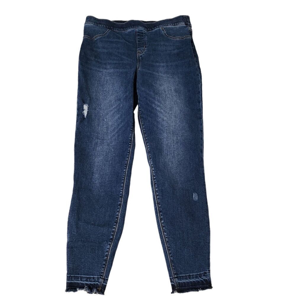 Spanx Jeans XL Blue Skinny Jegging Pull-On High Rise Distressed Raw Hem Slimming